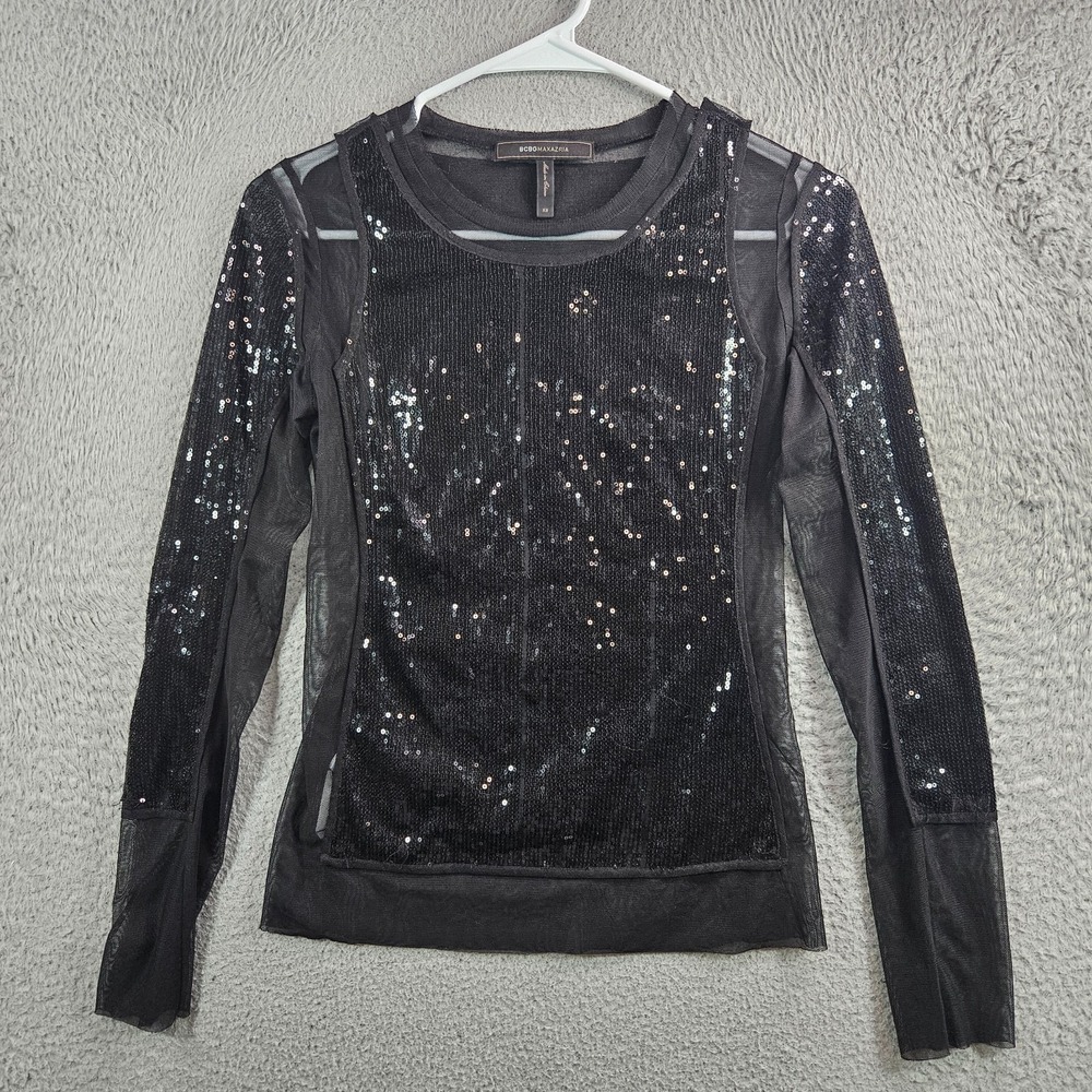 BCBG Maxazria Top Women XS Sequin Layover Long Sleeve Mesh Black Party